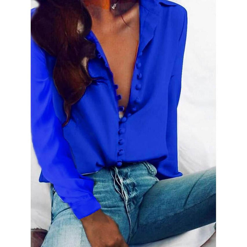 Women's Blouse Shirt Solid Colored Long Sleeve Button V Neck Basic Tops Women's Tops Royal Blue S - DailySale