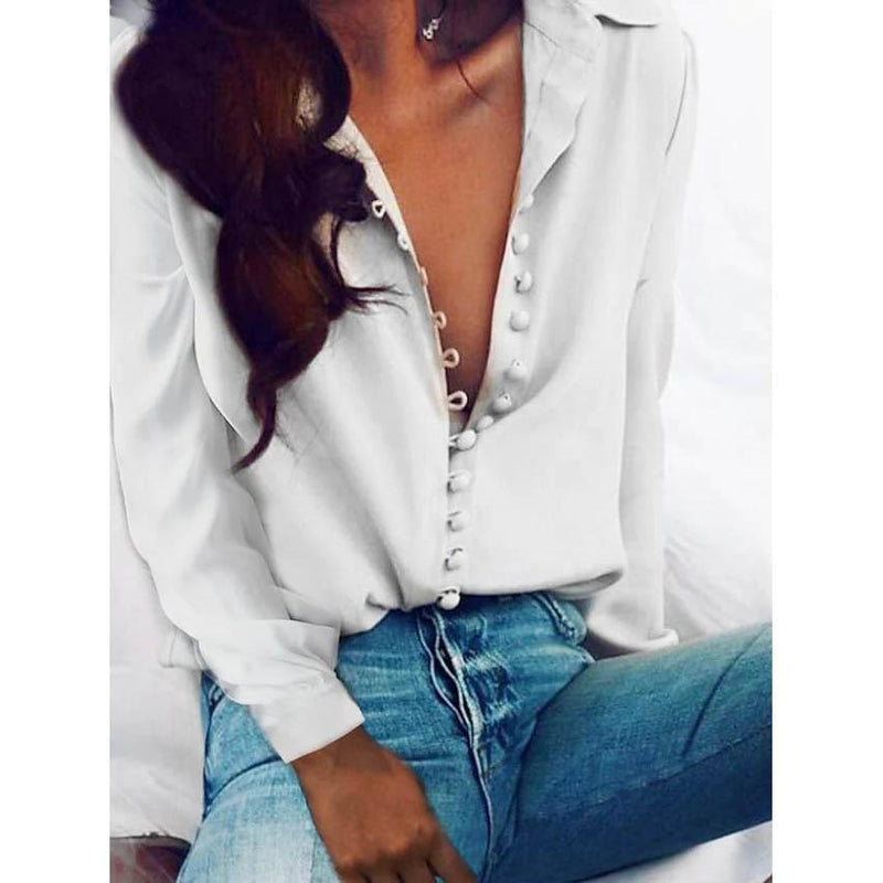 Women's Blouse Shirt Solid Colored Long Sleeve Button V Neck Basic Tops Women's Tops White S - DailySale