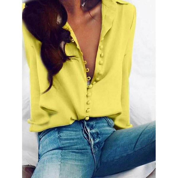 Women's Blouse Shirt Solid Colored Long Sleeve Button V Neck Basic Tops Women's Tops Yellow S - DailySale