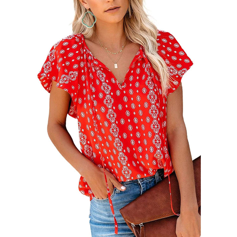 Women's Casual Boho Floral Printed V Neck Tops Drawstring Blouse Women's Tops Red S - DailySale