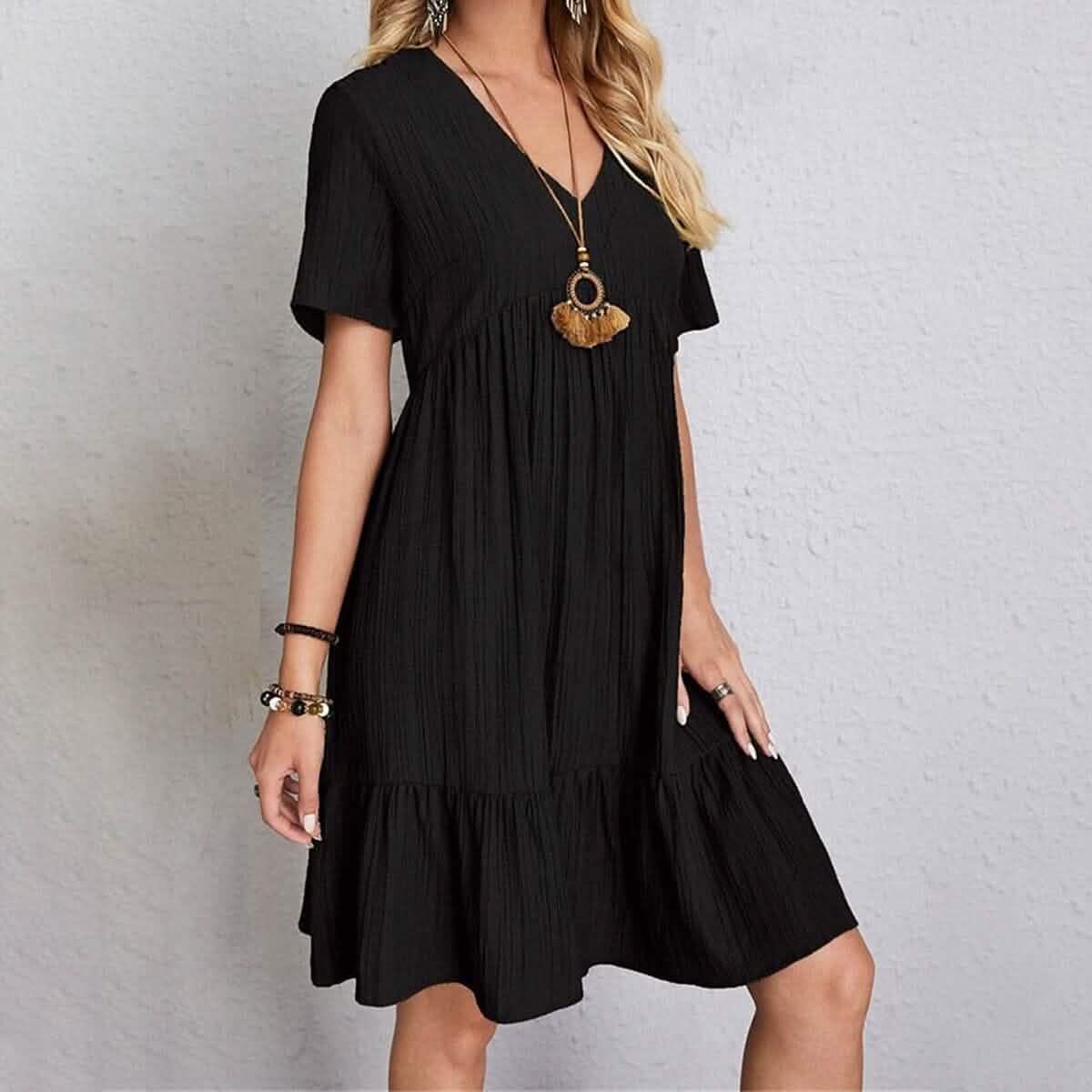 Women's Casual Dress Ruffle V Neck Midi Shift Dress Black / XXL Women's Casual Dress Ruffle V Neck Midi Shift Dress Black / XXL