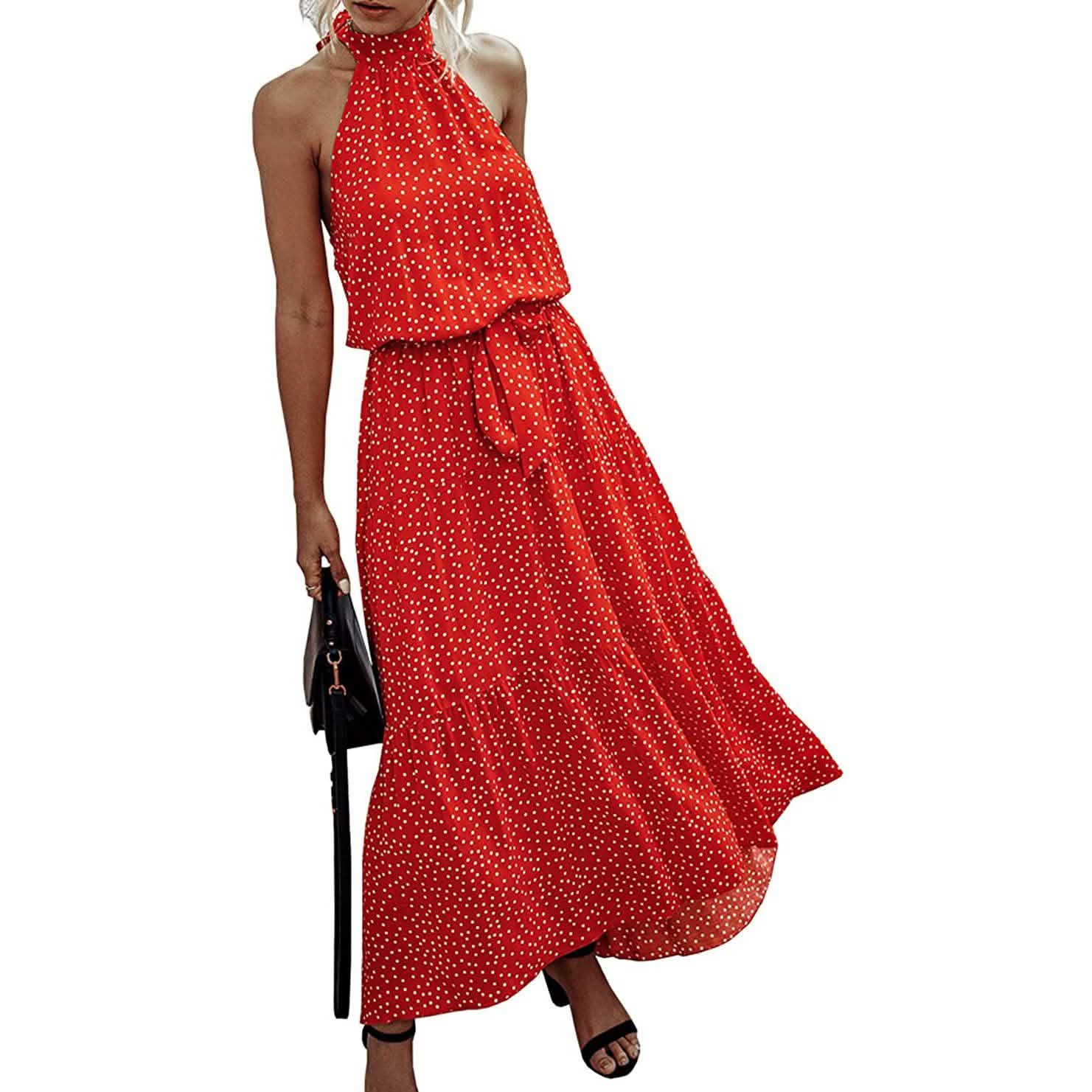 Women’s Casual Halter Neck Sleeveless Long Maxi Dress Women's Clothing Red S - DailySale