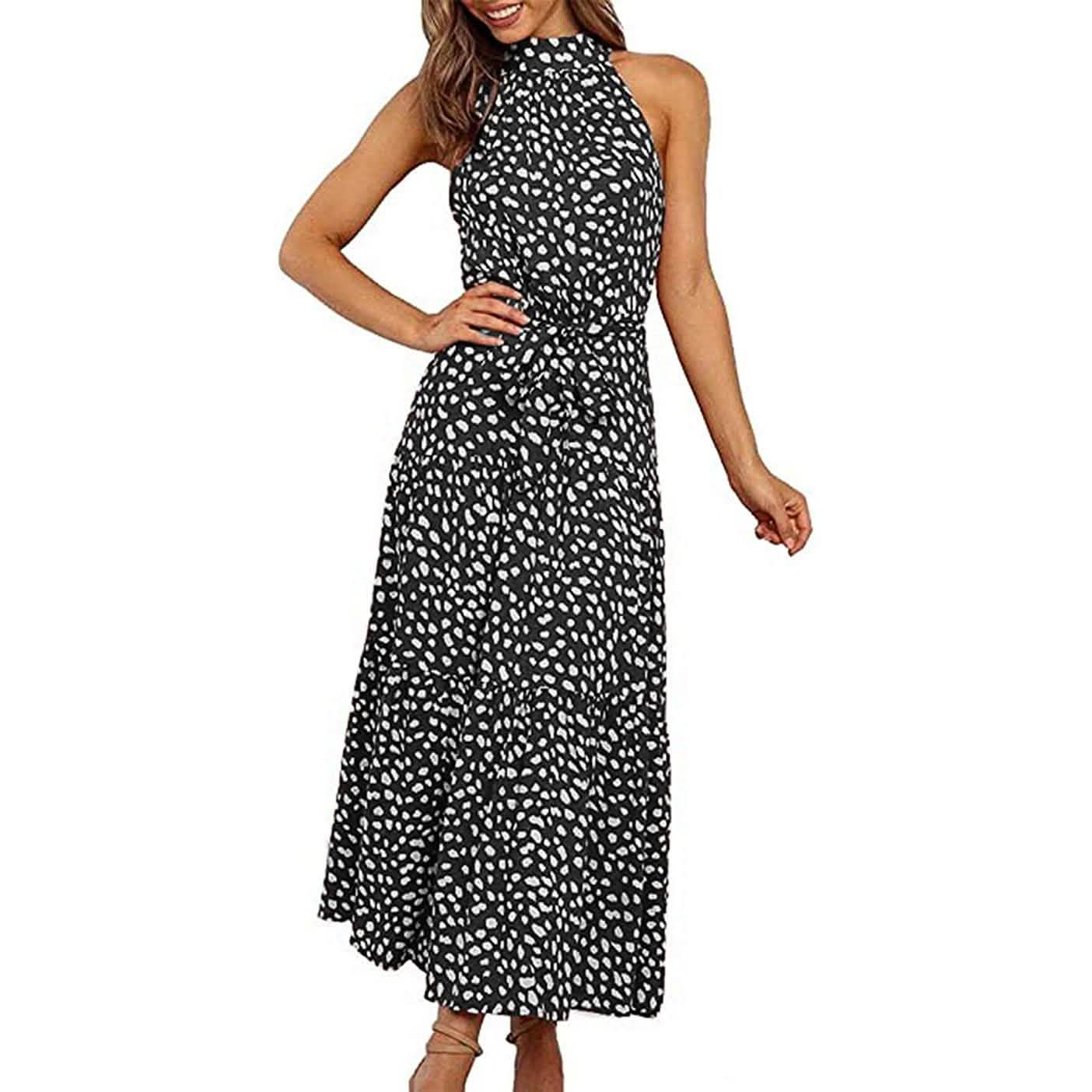 Women’s Casual Halter Neck Sleeveless Long Maxi Dress Women's Clothing Z-Solid Black S - DailySale