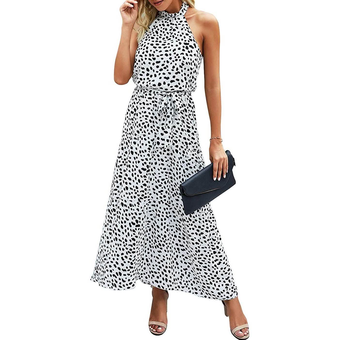 Women’s Casual Halter Neck Sleeveless Long Maxi Dress Women's Clothing Z-White S - DailySale