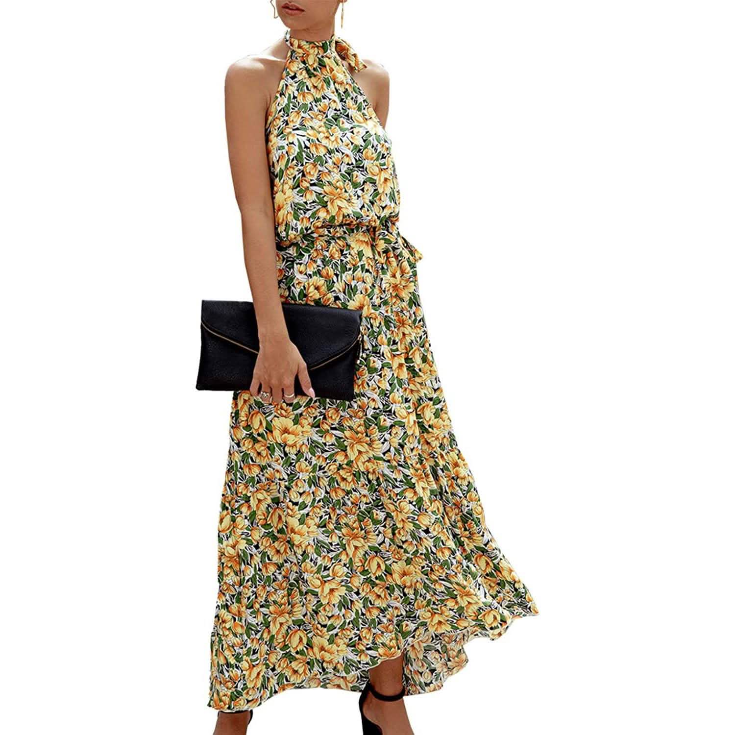 Women’s Casual Halter Neck Sleeveless Long Maxi Dress Women's Clothing Z-Yellow S - DailySale