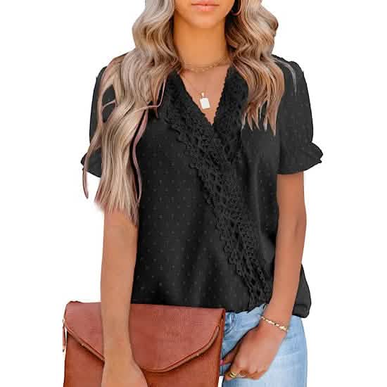 Women's Casual Lace Pom Pom V Neck Chiffon Short Sleeve Top Women's Tops Black S - DailySale