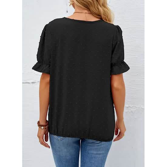 Women's Casual Lace Pom Pom V Neck Chiffon Short Sleeve Top Women's Tops - DailySale