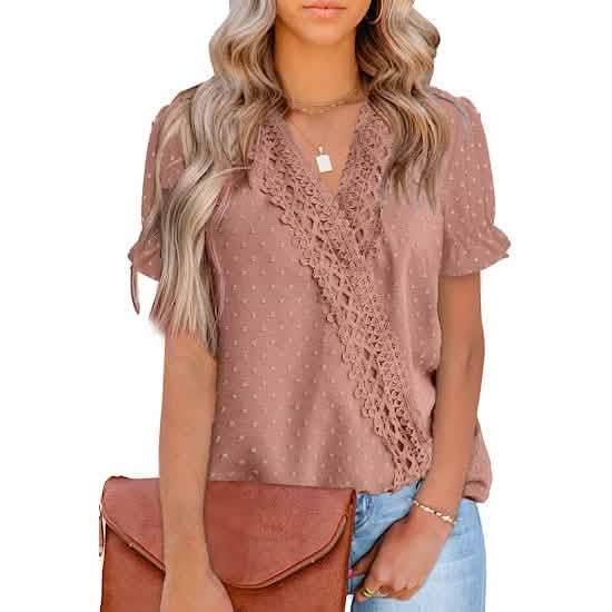 Women's Casual Lace Pom Pom V Neck Chiffon Short Sleeve Top Women's Tops Pink S - DailySale