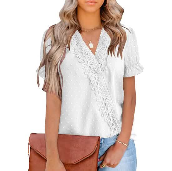 Women's Casual Lace Pom Pom V Neck Chiffon Short Sleeve Top Women's Tops White S - DailySale