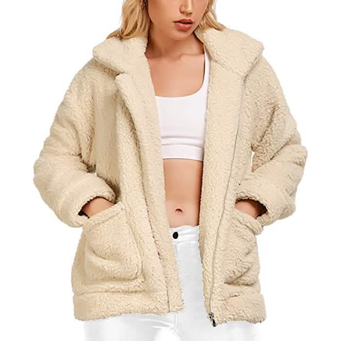Women's Casual Lapel Fleece Fuzzy Faux Shearling Zipper Coat Women's Outerwear Beige S - DailySale