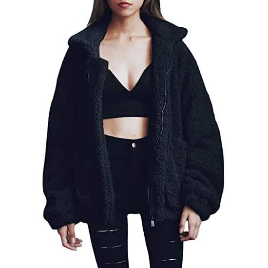Women's Casual Lapel Fleece Fuzzy Faux Shearling Zipper Coat Women's Outerwear Black S - DailySale