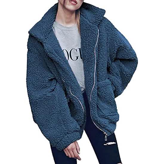 Women's Casual Lapel Fleece Fuzzy Faux Shearling Zipper Coat Women's Outerwear Blue S - DailySale