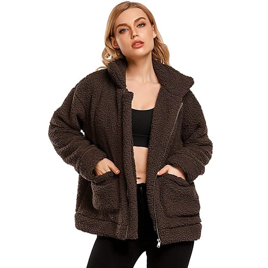 Women's Casual Lapel Fleece Fuzzy Faux Shearling Zipper Coat Women's Outerwear Brown S - DailySale