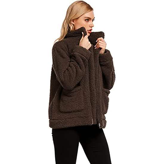 Women's Casual Lapel Fleece Fuzzy Faux Shearling Zipper Coat Women's Outerwear - DailySale