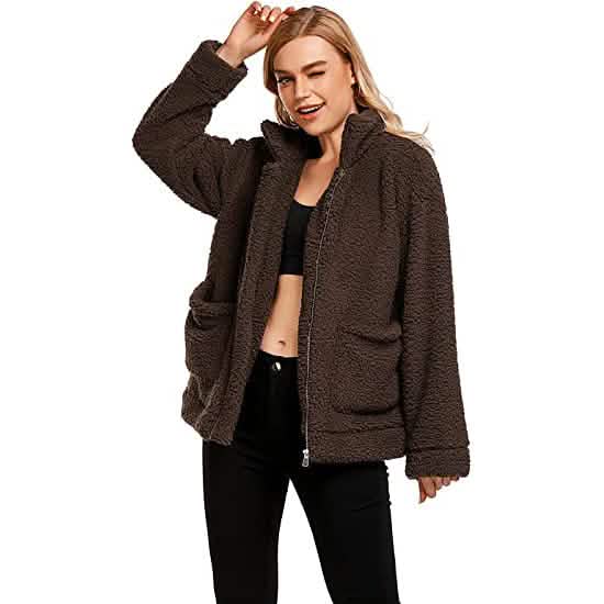 Women's Casual Lapel Fleece Fuzzy Faux Shearling Zipper Coat Women's Outerwear - DailySale