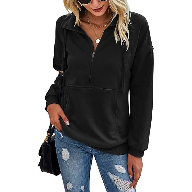 Women’s Casual Long Sleeve Lapel Zipper Drawstring Loose Pullover Tops Women's Tops Black S - DailySale