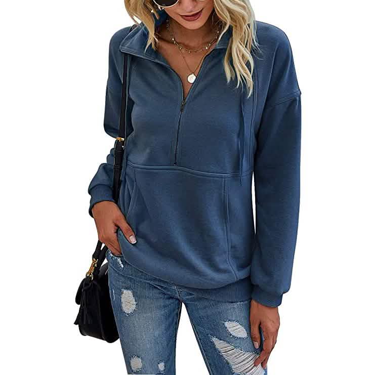 Women’s Casual Long Sleeve Lapel Zipper Drawstring Loose Pullover Tops Women's Tops Dark Blue S - DailySale