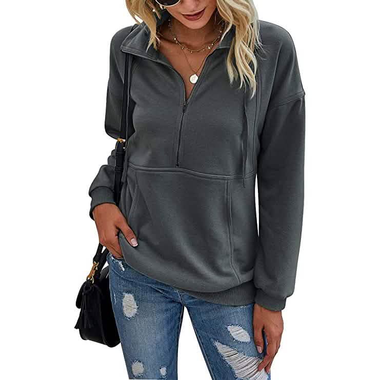 Women’s Casual Long Sleeve Lapel Zipper Drawstring Loose Pullover Tops Women's Tops Dark Gray S - DailySale