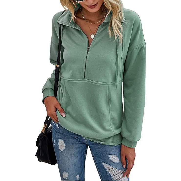 Women’s Casual Long Sleeve Lapel Zipper Drawstring Loose Pullover Tops Women's Tops Green S - DailySale
