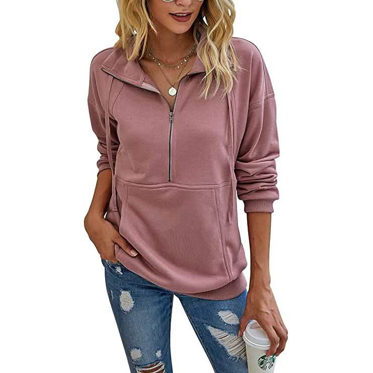Women’s Casual Long Sleeve Lapel Zipper Drawstring Loose Pullover Tops Women's Tops Pink S - DailySale