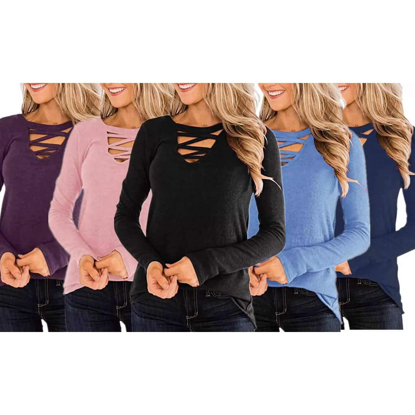 Women's Casual Long Sleeve T-Shirt Criss Cross V-Neck Basic Tees Tops Women's Tops - DailySale