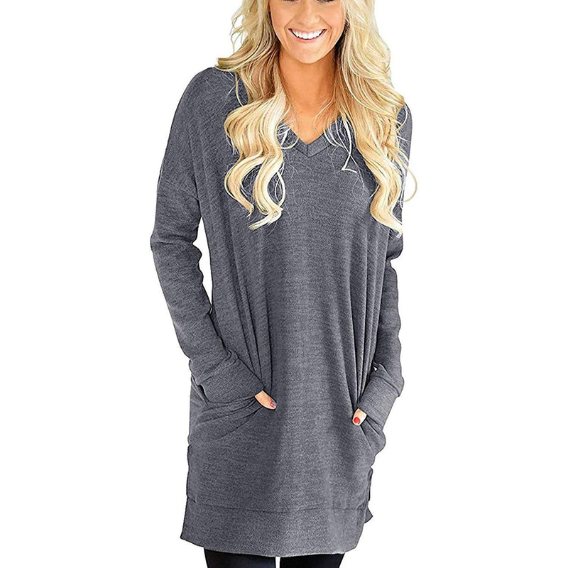 Womens Casual Long Sleeves Solid V-Neck Tunics Shirt Tops with Pockets