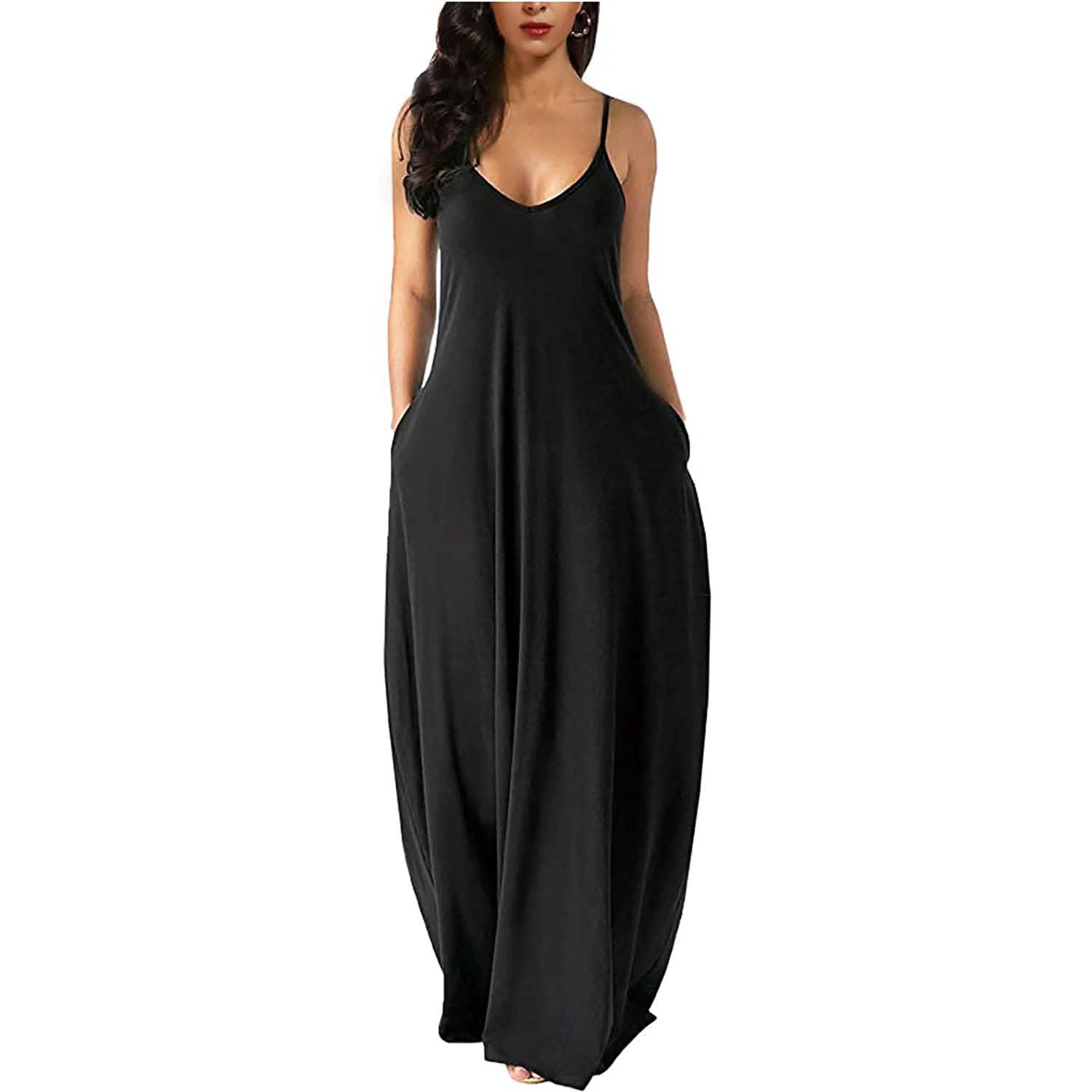 Womens Casual Sleeveless Plus Size Loose Plain Long Maxi Dress with Pockets, Black / S Womens Casual Sleeveless Plus Size Loose Plain Long Maxi Dress with Pockets, Black / S