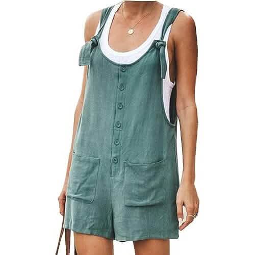 Women's Casual Summer Cotton Linen Rompers Overalls Jumpsuit Shorts Women's Tops Dark Green S - DailySale