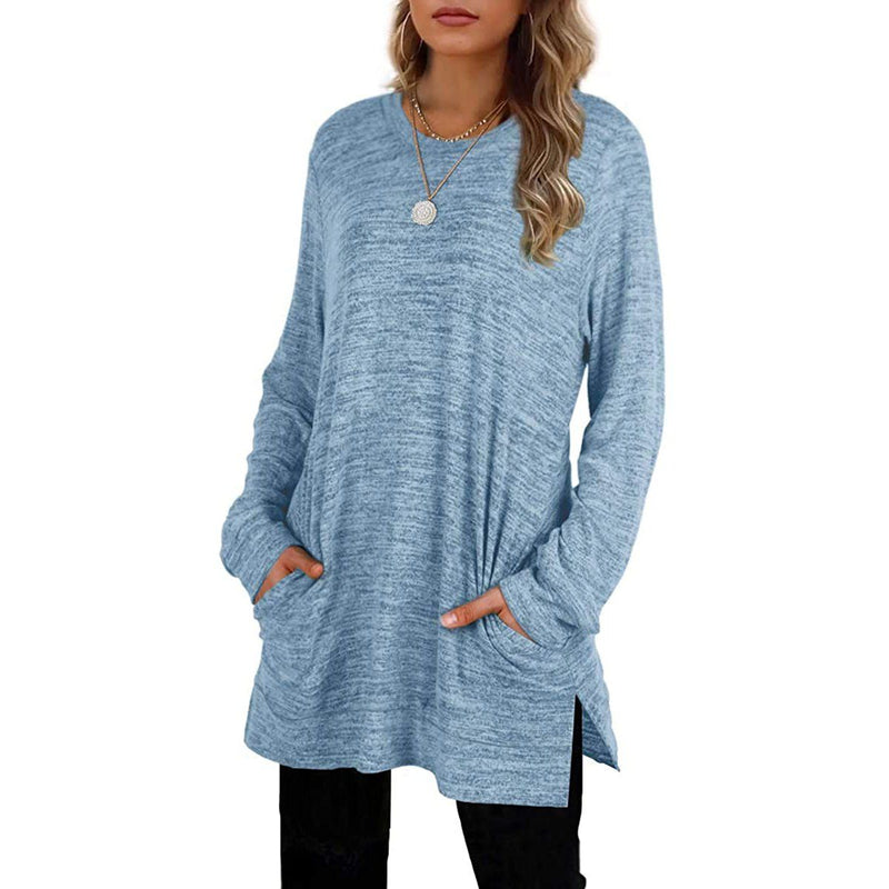 Different woman with both her hands in her pockets wearing a Women's Sleeve Oversized Casual Sweatshirts in blue