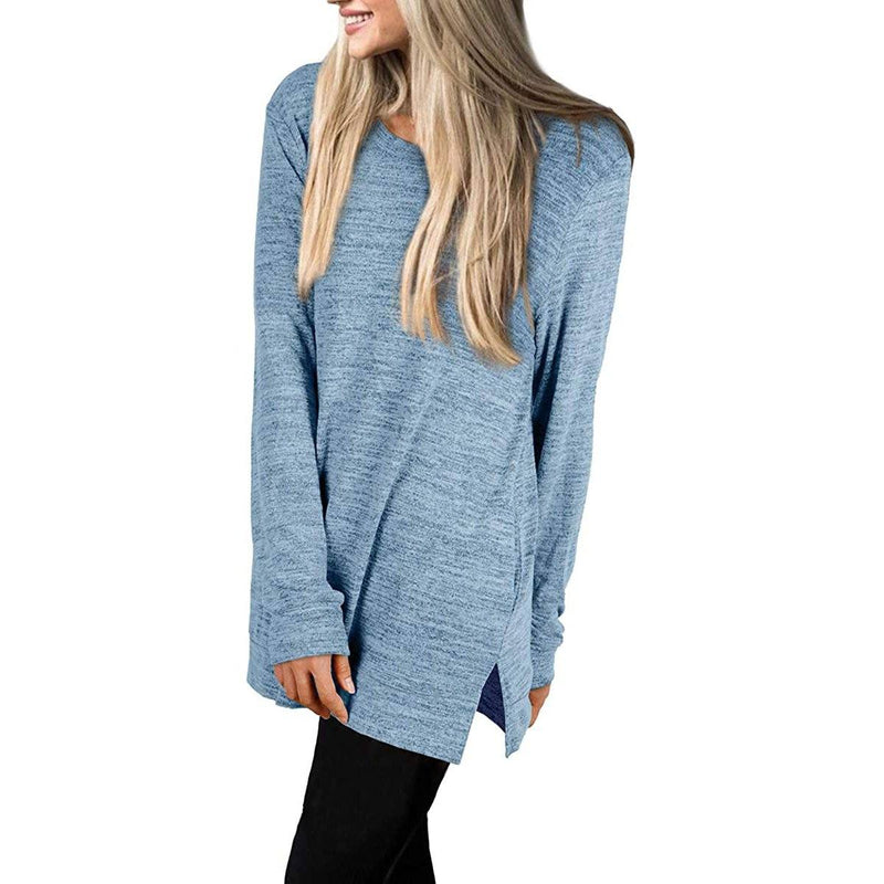 Lateral view of a woman with her hands on her side wearing a Women's Sleeve Oversized Casual Sweatshirts in blue