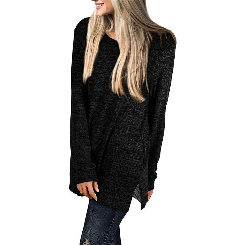 Lateral view of a woman with her hands on her side wearing a Women's Sleeve Oversized Casual Sweatshirts in black