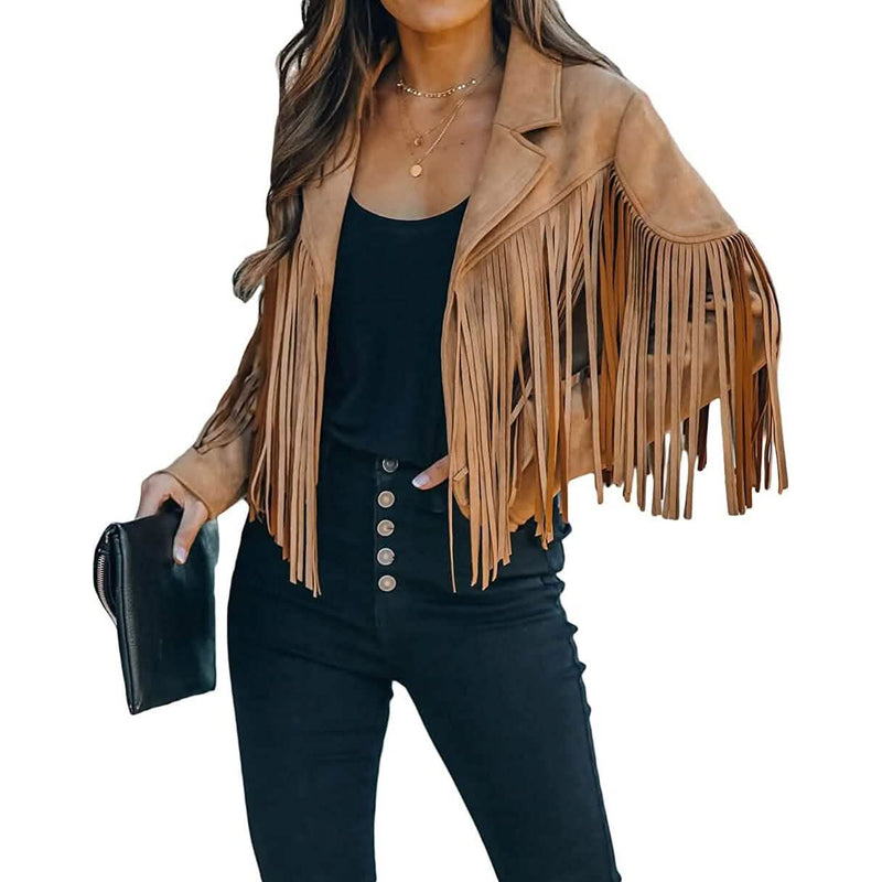 Women's Chic Cropped Tassel Jacket Women's Outerwear Camel S - DailySale