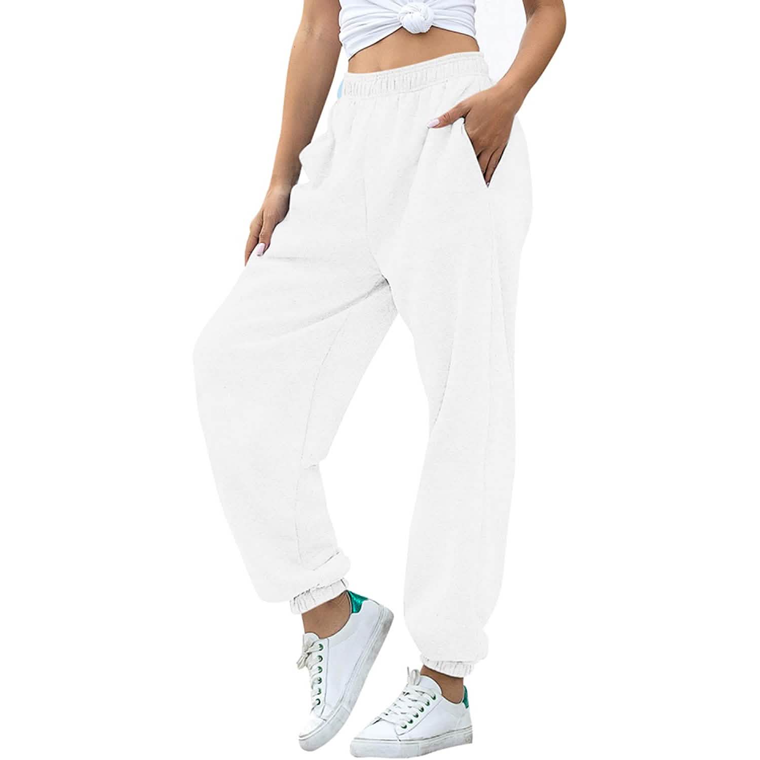Women's Cinch Bottom Sweatpants Pockets High Waist Sporty Women's Bottoms White S - DailySale