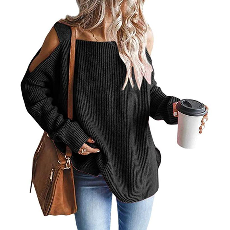Women's Cold Shoulder Batwing Chunky Knitted Tunic Tops Women's Tops Black S - DailySale