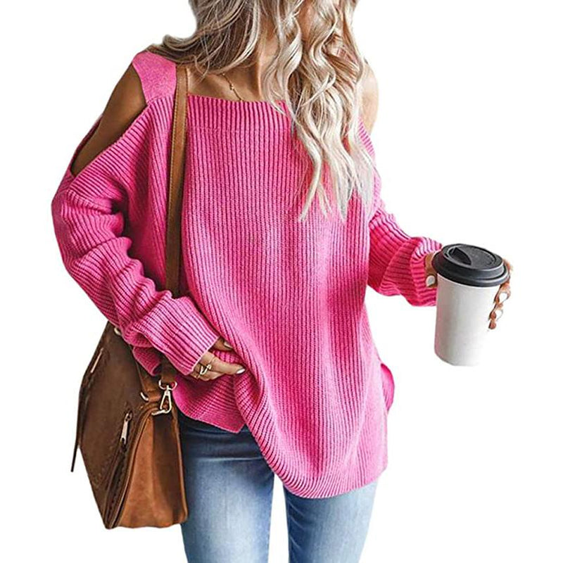 Women's Cold Shoulder Batwing Chunky Knitted Tunic Tops Women's Tops Pink S - DailySale