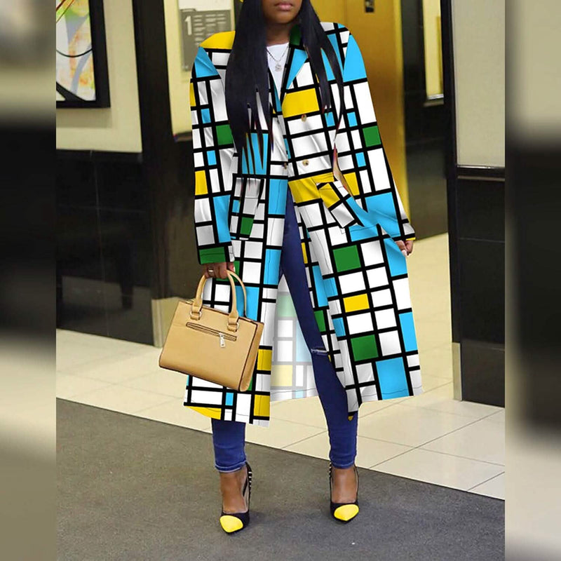 Women's Colored Geo Turn Down Collar Trench Coat Women's Outerwear - DailySale
