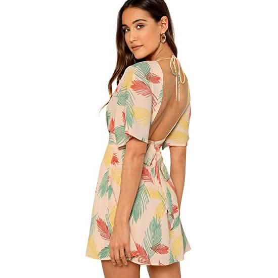 Women's Ditsy Floral Plunge Neck Knot Front A Line Short Dress Women's Dresses - DailySale