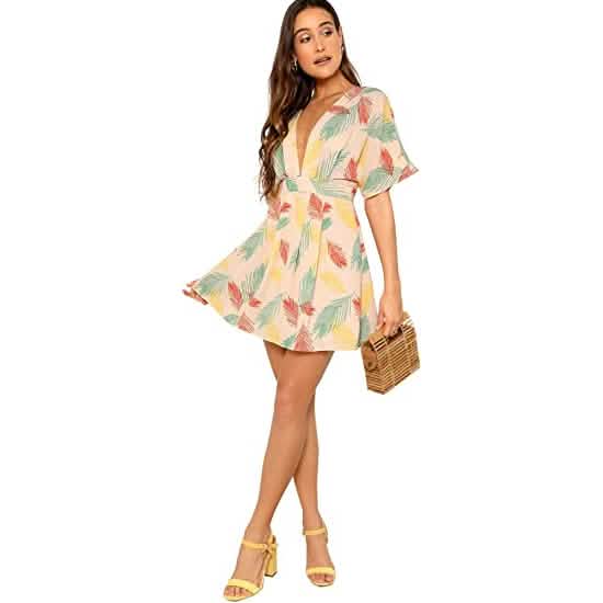 Women's Ditsy Floral Plunge Neck Knot Front A Line Short Dress Women's Dresses - DailySale