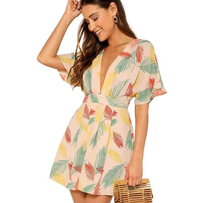 Women's Ditsy Floral Plunge Neck Knot Front A Line Short Dress Women's Dresses - DailySale