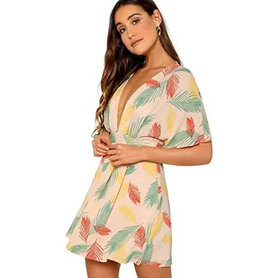 Women's Ditsy Floral Plunge Neck Knot Front A Line Short Dress Women's Dresses XS - DailySale