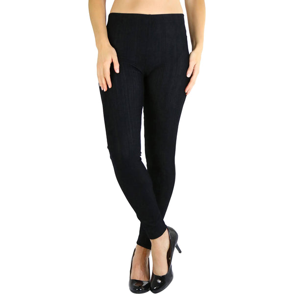 Woman with hands on her side shown below her hips wearing Easy Pull-On Denim Skinny Fit Comfort Stretch Jeggings in black