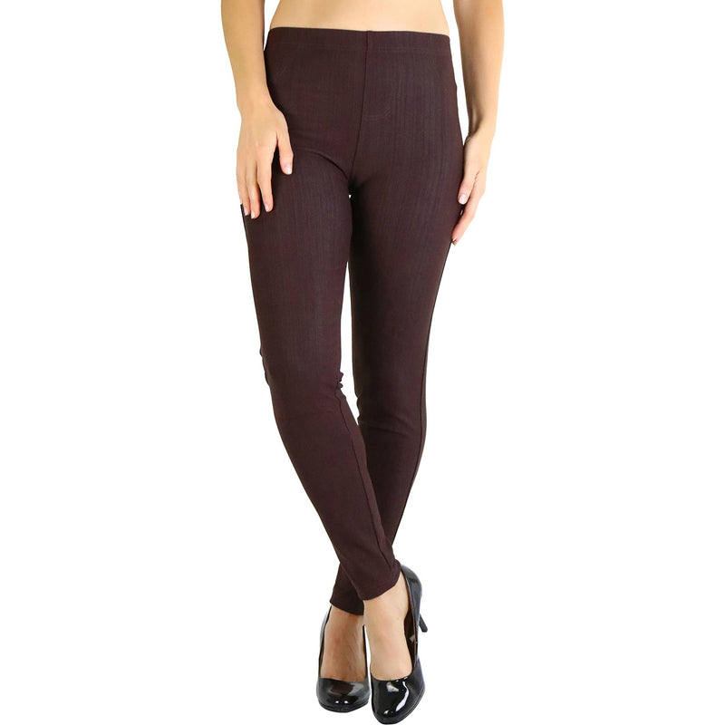 Woman with hands on her side shown below her hips wearing Easy Pull-On Denim Skinny Fit Comfort Stretch Jeggings in dark brown