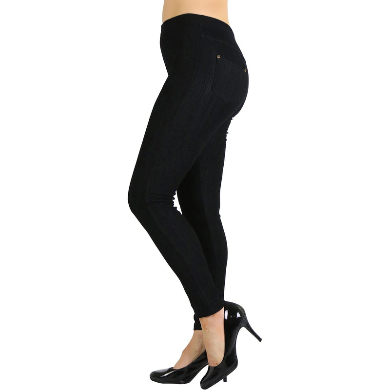 Woman wearing Easy Pull-On Denim Skinny Fit Comfort Stretch Jeggings in black