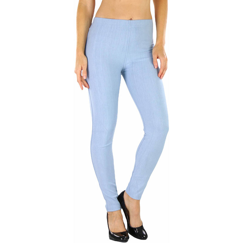 Woman with hands on her side shown below her hips wearing Easy Pull-On Denim Skinny Fit Comfort Stretch Jeggings in blue