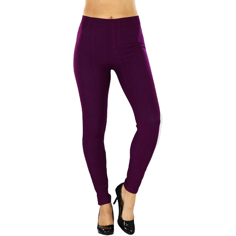 Woman with hands on her side shown below her hips wearing Easy Pull-On Denim Skinny Fit Comfort Stretch Jeggings in eggplant