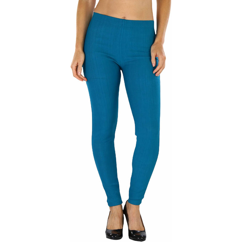 Woman with hands on her side shown below her hips wearing Easy Pull-On Denim Skinny Fit Comfort Stretch Jeggings in teal