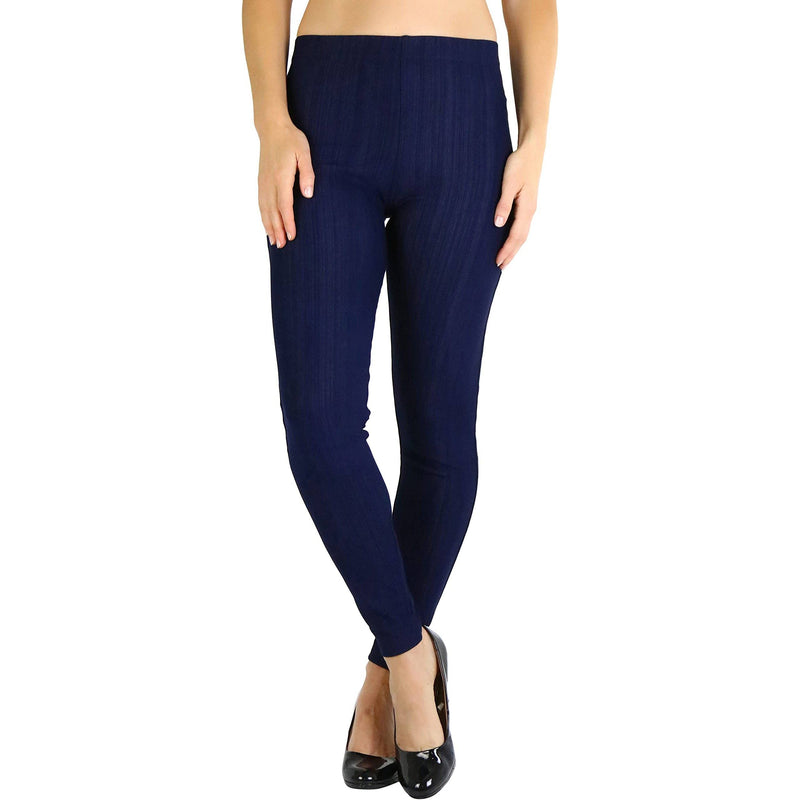 Woman with hands on her side shown below her hips wearing Easy Pull-On Denim Skinny Fit Comfort Stretch Jeggings in navy