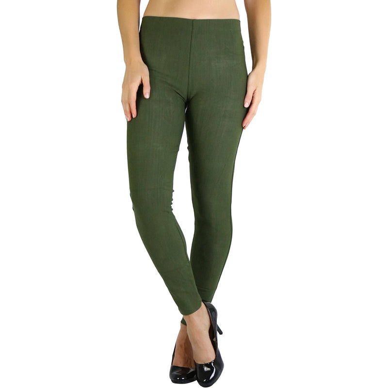 Woman with hands on her side shown below her hips wearing Easy Pull-On Denim Skinny Fit Comfort Stretch Jeggings in olive