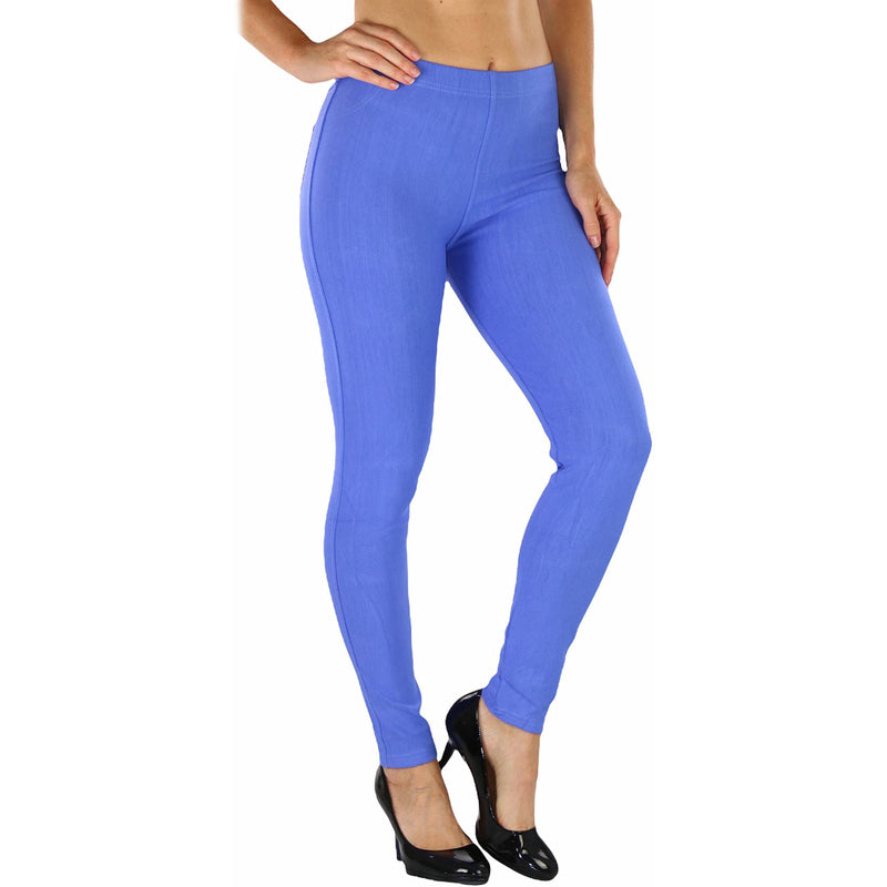 Woman with hands on her side shown below her hips wearing Easy Pull-On Denim Skinny Fit Comfort Stretch Jeggings in periwinkle