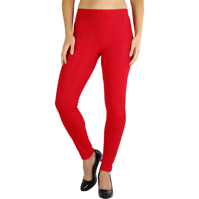 Woman with hands on her side shown below her hips wearing Easy Pull-On Denim Skinny Fit Comfort Stretch Jeggings in red
